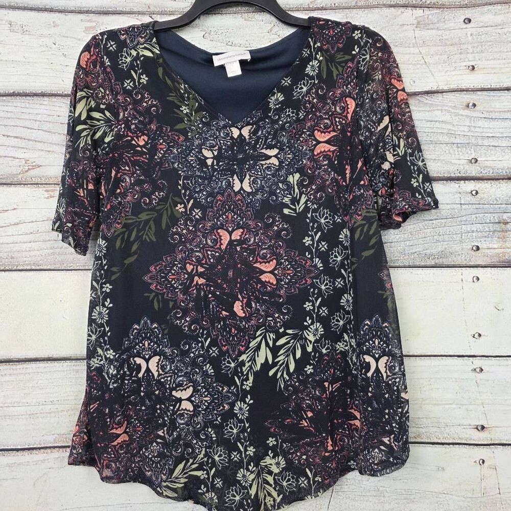 Christopher & Banks Floral V-Neck Blouse L Sheer